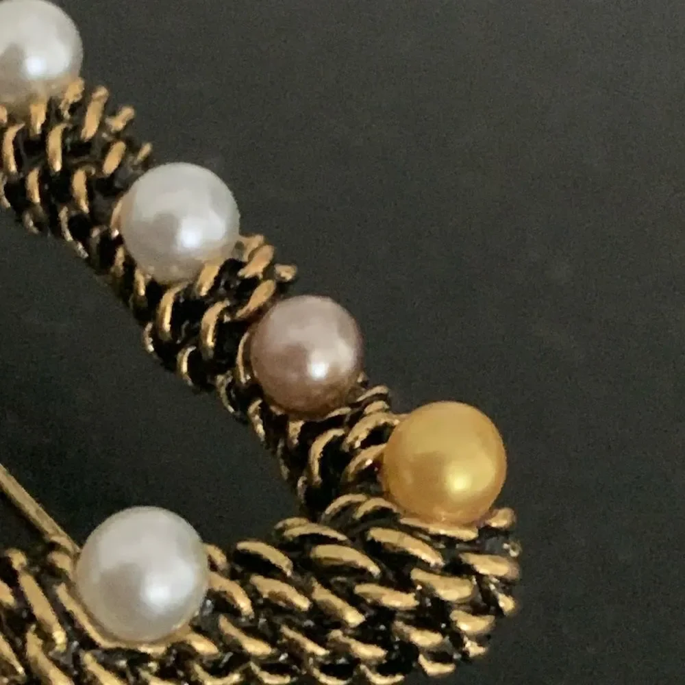 Vintage Style Triangle Lapel Pin in Antique Gold Finish with Faux Pearls